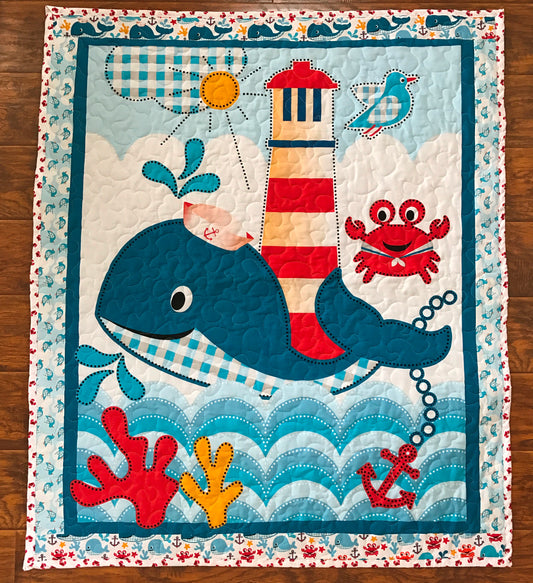 Nautical Whale of a Tale Baby Child Quilted Blanket Lighthouse, Whale, Sea Crab Nursery Bedding