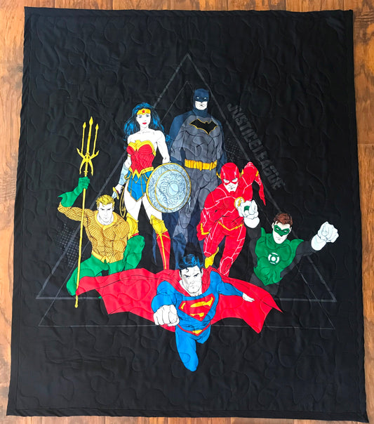SUPERHEROES DC JUSTICE LEAGUE Inspired Quilted Blanket, Batman, Aqua Man, Wonder Woman, Superman, Flash Gordon