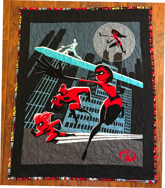 THE INCREDIBLES Inspired SUPER HEROES Quilted Blanket Baby Nursery Child Toddler Gender Neutral Bedding to Adult Lap Quilt