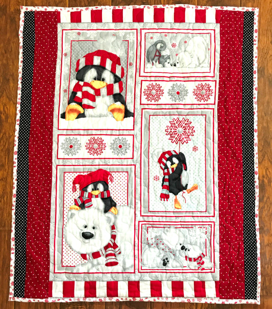 Winter Artic Penguins & Polar Bear Friends Soft Flannel Front Quilted Blanket Nursery Child Baby Toddler bedding