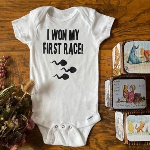 I WON MY FIRST RACE Funny Infant Boys & Girls Baby Onesie Bodysuit Outfit, Baby Shower Gift
