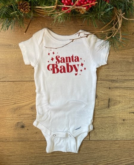 Infant Girls Christmas Holiday Santa SANTA BABY Boho Style Baby Onesie Bodysuit and Buffalo Check Bloomer Diaper Cover Set