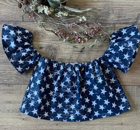 Girls Infant Toddler USA Patriotic Blue White Stars Boho Style Off the Shoulder Top with flutter short sleeves