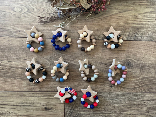 Baby Teethers Sensory Stars Wooden Characters Silicone Beads