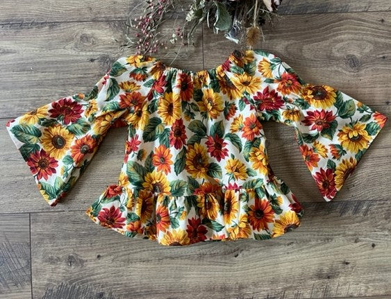 Girls Peasant Boho Style Sunflower Floral Dress with long sleeves