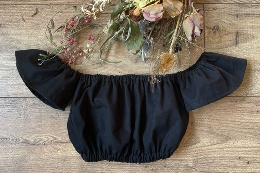 Infant Toddler Girls 2 Piece Boho Style Outfit Black Off the Shoulder Top & Tan Buffalo Check Bloomers Diaper Cover