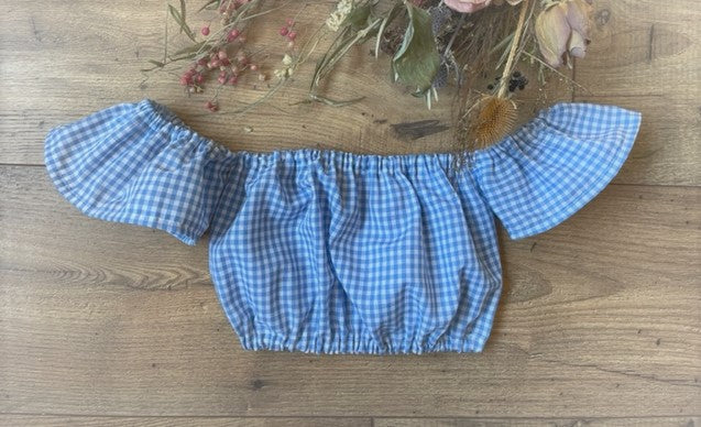 Infant Toddler Girls 2 Piece Blue White Gingham Boho Style Outfit Off the Shoulder Top & Hi Waisted Bloomers Diaper Cover